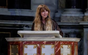 Chiara Tagliaferri alla Chiesa degli Artisti durante i funerali di Michela Murgia, 12 Agosto 2023. ANSA/GIUSEPPE LAMI