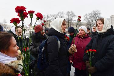 Relatives of Russian soldiers, taking part in the so-called "special military operation" in Ukraine, gather to lay flowers at the Tomb of the Unknown Soldier in Moscow on January 6, 2024. (Photo by Olga MALTSEVA / AFP) (Photo by OLGA MALTSEVA/AFP via Getty Images)