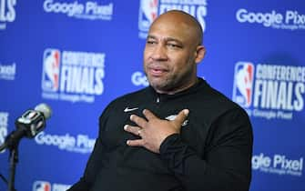 DENVER, CO - MAY 16: Head Coach Darvin Ham of the Los Angeles Lakers talks to the media after the game during round 3 game 1 of the 2023 NBA Playoffs Western Conference Finals on May 16, 2023 at the Ball Arena in Denver, Colorado. NOTE TO USER: User expressly acknowledges and agrees that, by downloading and/or using this Photograph, user is consenting to the terms and conditions of the Getty Images License Agreement. Mandatory Copyright Notice: Copyright 2023 NBAE (Photo by Andrew D. Bernstein/NBAE via Getty Images)