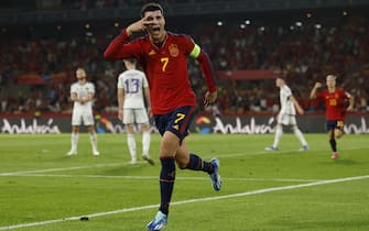 epa10915755 Spain's Alvaro Morata celebrates after scoring the 1-0 goal during the UEFA EURO 2024 Group A qualifying soccer match between Spain and Scotland, in Seville, Spain, 12 October 2023.  EPA/Julio Munoz