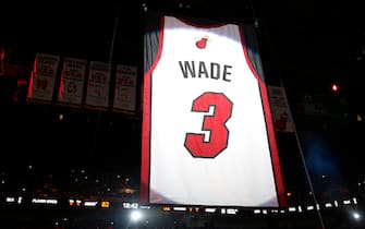 MIAMI, FLORIDA - FEBRUARY 22:  Former Miami Heat player Dwyane Wade's jersey is lifted to the rafters during his jersey retirement ceremony at American Airlines Arena on February 22, 2020 in Miami, Florida. NOTE TO USER: User expressly acknowledges and agrees that, by downloading and/or using this photograph, user is consenting to the terms and conditions of the Getty Images License Agreement.  (Photo by Michael Reaves/Getty Images)
