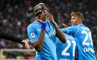 Napoli's Victor Osimhen celebrates after scoring a goal  during  Udinese Calcio vs SSC Napoli, Italian soccer Serie A match in Udine, Italy, May 06 2024