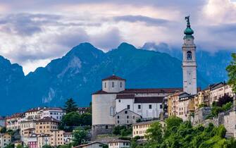 View of the Città di Belluno with the Cathedral and the southern mountains of the Dolomites.