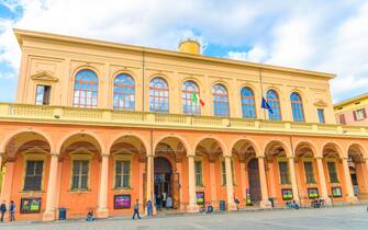 Bologna, Italy, March 17, 2018: Bologna Municipal Theater Teatro Comunale di Bologna on Piazza Giuseppe Verdi square in old historical city centre, Emilia-Romagna