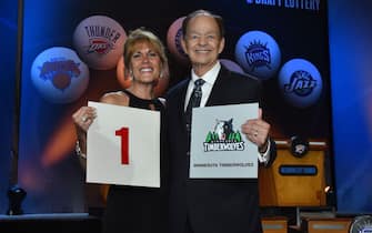 NEW YORK - MAY 19: Owner Glen Taylor and his wife Becky of the Minnesota Timberwolves poses for a photo with the draft card after winning the 2015 NBA Draft Lottery on May 19, 2015 at the New York Hilton Midtown in New York City.  NOTE TO USER: User expressly acknowledges and agrees that, by downloading and/or using this photograph, user is consenting to the terms and conditions of the Getty Images License Agreement. Mandatory Copyright Notice: Copyright 2015 NBAE (Photo by Jesse D. Garrabrant/NBAE via Getty Images)