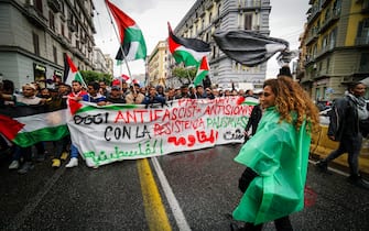 Pro Palestinian people attend a demonstration during commemoration ceremony marking the 79th Liberation Day (Festa della Liberazione) in Naples, Italy, 25 April 2024. Liberation Day (Festa della Liberazione) is a nationwide public holiday in Italy that is annually celebrated on 25 April. The day remembers Italians who fought against the Nazis and Mussolini's troops during World War II and honors those who served in the Italian Resistance.ANSA/CESARE ABBATE
