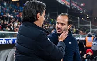 GENOA, ITALY - DECEMBER 29: Simone Inzaghi, head coach of Inter (L), greets Alberto Gilardino, head coach of Genoa, prior to kick-off in the Serie A TIM match between Genoa CFC and FC Internazionale at Stadio Luigi Ferraris on December 29, 2023 in Genoa, Italy. (Photo by Simone Arveda/Getty Images)