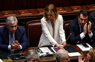 (L-R) Minister of Foreign Affairs, Antonio Tajani, Prime Minister Giorgia Meloni and Minister of Transports Matteo Salvini, at the Chamber of Deputies during the report on the upcoming European Council, Rome, Italy, 26 June 2024. ANSA/RICCARDO ANTIMIANI