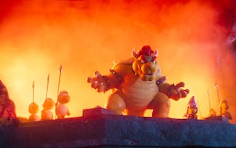 (from left, centered) Bowser (Jack Black) and Kamek (Kevin Michael Richardson) in Nintendo and Illumination’s The Super Mario Bros. Movie, directed by Aaron Horvath and Michael Jelenic. 