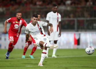MONZA, ITALY - AUGUST 08: Christian Pulisic of AC Milan scores his goal from the penalty spot during the Trofeo Silvio Berlusconi between AC Monza and AC Milan at U-Power Stadium on August 08, 2023 in Monza, Italy. (Photo by Marco Luzzani/Getty Images)