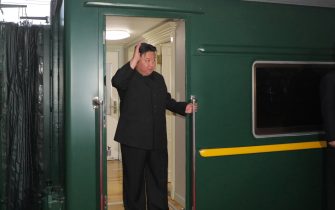 epa10856007 A photo released by the official North Korean Central News Agency (KCNA) shows North Korean leader Kim Jong Un waving as he departs by train for a visit to Russia, from Pyongyang, North Korea, 12 September 2023. North Korean leader Kim Jong- un is expected to meet with Russian President Vladimir Putin who is currently visiting the Far East attending the 2023 Eastern Economic Forum (EEF) in Vladivostok.  EPA/KCNA EDITORIAL USE ONLY