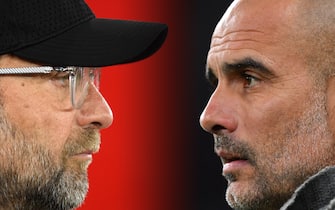 FILE PHOTO (EDITORS NOTE: COMPOSITE OF IMAGES - Image numbers 1140640499,1141519827 - GRADIENT ADDED) In this composite image a comparison has been made between Jurgen Klopp, Manager of Liverpool (L) and Josep Guardiola, Manager of Manchester City. Liverpool FC and Manchester City meet in a Premier League match on November 10, 2019 at Anfield in Liverpool.  ***LEFT IMAGE***  SOUTHAMPTON, ENGLAND - APRIL 05: Jurgen Klopp, Manager of Liverpool looks on prior to the Premier League match between Southampton FC and Liverpool FC at St Mary's Stadium on April 05, 2019 in Southampton, United Kingdom. (Photo by Mike Hewitt/Getty Images) ***RIGHT IMAGE***  LONDON, ENGLAND - APRIL 09: Josep Guardiola, Manager of Manchester City looks on prior to the UEFA Champions League Quarter Final first leg match between Tottenham Hotspur and Manchester City at Tottenham Hotspur Stadium on April 09, 2019 in London, England. (Photo by Dan Mullan/Getty Images)