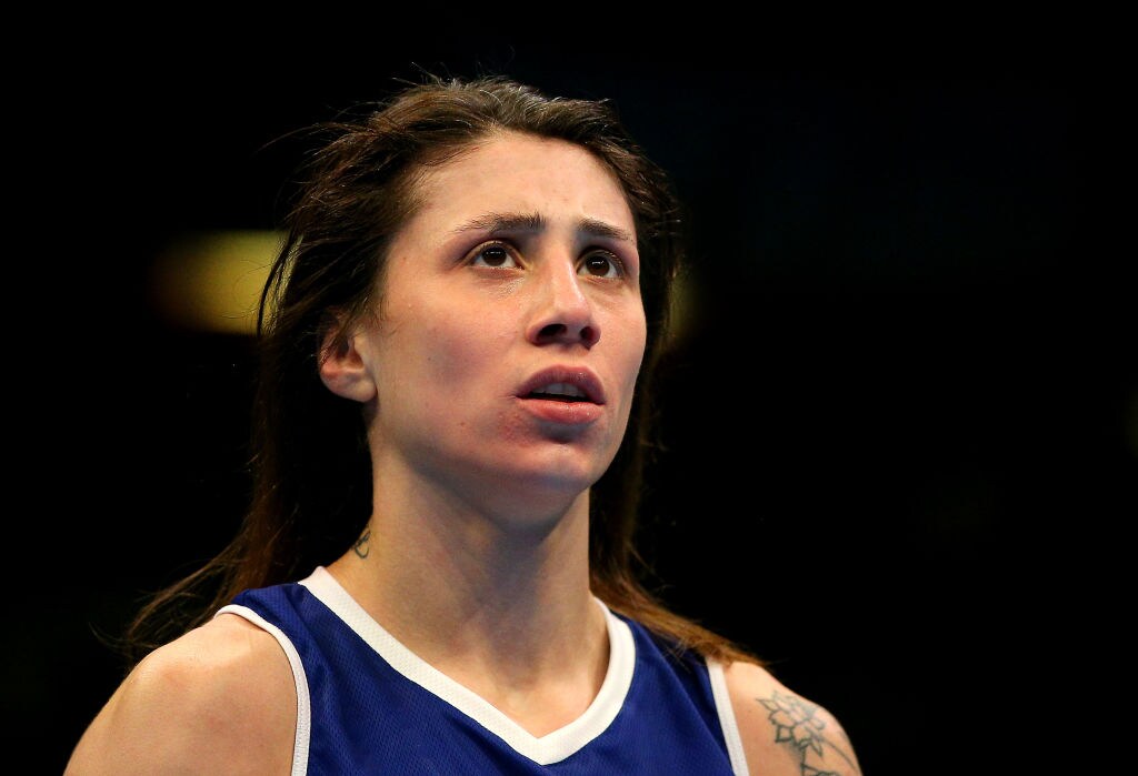 LONDON, ENGLAND - MARCH 15: Irma Testa (Blue) of Italy looks on after the Women's Featherweight 57KG Preliminary round bout between Sandra Brugger of Switzerland and Irma Testa of Italy on Day Two of the Road to Tokyo European Boxing Olympic Qualifying Event at Copper Box Arena on March 15, 2020 in London, England. (Photo by James Chance/Getty Images)