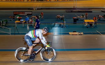APELDOORN, NETHERLANDS - APRIL 30: Track cyclist Jeffrey Hoogland is training at the Omnisport cycling track on April 30, 2020 in Apeldoorn, Netherlands. The track cyclists have resumed training after being left without access to their usual training facilities due to the coronavirus outbreak. The coronavirus (COVID-19) pandemic has spread to many countries across the world, claiming over 220,000 lives and infecting more than 3 million people. (Photo by Dick Soepenberg/BSR Agency/Getty Images)