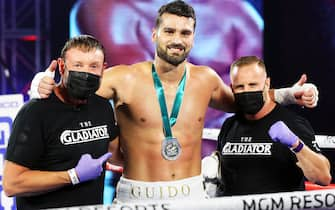 LAS VEGAS, NEVADA - JUNE 09: In this handout image provided by Top Rank, Guido Vianello celebrates defeating Don Haynesworth (not pictured) in their heavyweight bout at MGM Grand Conference Center Grand Ballroom on June 09, 2020 in Las Vegas, Nevada. (Photo by Mikey Williams/Top Rank via Getty Images)