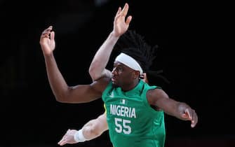 TOPSHOT - Nigeria's Precious Achiuwa gestures to his teammates in the men's preliminary round group B basketball match between Australia and Nigeria during the Tokyo 2020 Olympic Games at the Saitama Super Arena in Saitama on July 25, 2021. (Photo by Thomas COEX / AFP) (Photo by THOMAS COEX/AFP via Getty Images)