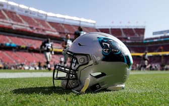 SANTA CLARA, CALIFORNIA - OCTOBER 27: A detailed view of the helmet that belongs to Greg Van Roten #73 of the Carolina Panthers sitting on the field prior to the start of an NFL football game against the San Francisco 49ers at Levi's Stadium on October 27, 2019 in Santa Clara, California. (Photo by Thearon W. Henderson/Getty Images)