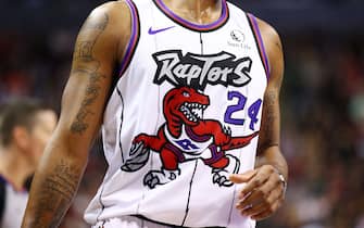 TORONTO, ON - DECEMBER 11:  Logo on the jersey worn by Norman Powell #24 of the Toronto Raptors during the second half of an NBA game against the Los Angeles Clippers at Scotiabank Arena on December 11, 2019 in Toronto, Canada.  NOTE TO USER: User expressly acknowledges and agrees that, by downloading and or using this photograph, User is consenting to the terms and conditions of the Getty Images License Agreement.  (Photo by Vaughn Ridley/Getty Images)