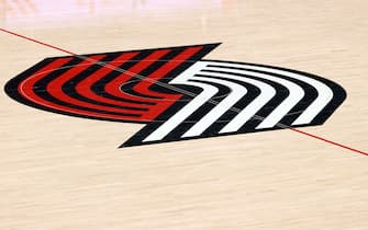 PORTLAND, OREGON - APRIL 10: A general view of the Portland Trail Blazers' logo at Moda Center on April 10, 2021 in Portland, Oregon. NOTE TO USER: User expressly acknowledges and agrees that, by downloading and or using this photograph, User is consenting to the terms and conditions of the Getty Images License Agreement. (Photo by Abbie Parr/Getty Images)