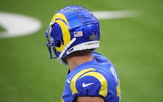 INGLEWOOD, CALIFORNIA - OCTOBER 26: A detailed view of the helmet of Cooper Kupp #10 of the Los Angeles Rams that reads, "It Takes All Of us," before the game against the Chicago Bears at SoFi Stadium on October 26, 2020 in Inglewood, California. (Photo by Katelyn Mulcahy/Getty Images)