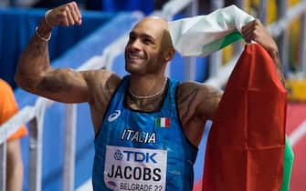 BELGRADE, SERBIA - MARCH 19: Lamont Marcell Jacobs of Italy celebrates the victory during the World Athletics Indoor Championships Belgrade 2022 - Day Two at Belgrade Arena on March 19, 2022 in Belgrade, Serbia. (Photo by Nikola Krstic/MB Media/Getty Images)