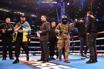 LONDON, ENGLAND - DECEMBER 03: Denys Berinchyk walks into the ring wearing his Ukraine Army combat uniform prior to the EBU European Lightweight Title fight between Yvan Mendy and Denys Berinchyk at Tottenham Hotspur Stadium on December 03, 2022 in London, England. (Photo by Warren Little/Getty Images)