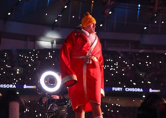 LONDON, ENGLAND - DECEMBER 03: Tyson Fury walks to the ring before his WBC heavyweight championship fight with Derek Chisora, at Tottenham Hotspur Stadium on December 03, 2022 in London, England. (Photo by Mikey Williams/Top Rank Inc via Getty Images)