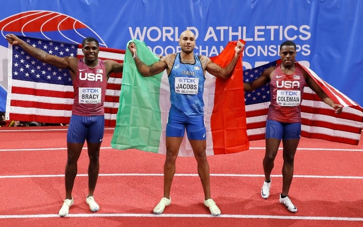 Il podio mondiale dei 60 m con Jacobs tra gli americani Bracy e Coleman