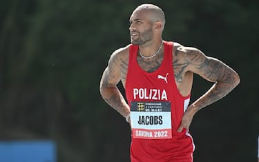 SAVONA, ITALY - MAY 18: Lamont Marcell Jacobs of Italy poses after winning in Men's 100 meters during the 11th Athletics Meeting - CittÃ  di Savona on May 18, 2022 in Savona, Italy. (Photo by Marco Mantovani/Getty Images)