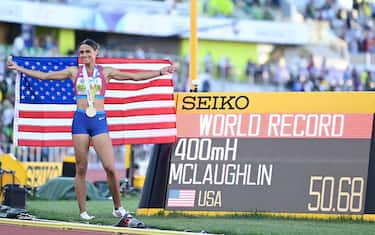 EUGENE, OREGON - JULY 22: Sydney McLaughlin of Team United States celebrates after winning gold and setting a new world record in the Women's 400m Hurdles Final on day eight of the World Athletics Championships Oregon22 at Hayward Field on July 22, 2022 in Eugene, Oregon. (Photo by Hannah Peters/Getty Images for World Athletics)