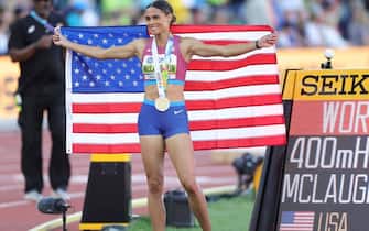 EUGENE, OREGON - JULY 22: Sydney McLaughlin of Team United States celebrates after winning gold and setting a new world record in the Women's 400m Hurdles Final on day eight of the World Athletics Championships Oregon22 at Hayward Field on July 22, 2022 in Eugene, Oregon. (Photo by Carmen Mandato/Getty Images)
