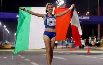 DOHA, QATAR - SEPTEMBER 28:  Eleonora Anna Giorgi of Italy celebrates finishing third in the Women s 50km Race Walk final during day two of 17th IAAF World Athletics Championships Doha 2019 on September 28, 2019 in Doha, Qatar.  (Photo by Christian Petersen/Getty Images)