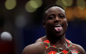 BELGRADE, SERBIA - MARCH 19:  Ferdinand Omanyala of Kenya KEN reacts during the Men's 60 Metres Heats on Day Two of the World Athletics Indoor Championships Belgrade 2022 at Belgrade Arena on March 19, 2022 in Belgrade, Serbia. (Photo by Maja Hitij/Getty Images for World Athletics)