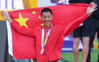(220717) -- EUGENE, July 17, 2022 (Xinhua) -- Wang Jianan of China celebrates after winning the men's long jump final at the World Athletics Championships Oregon22 in Eugene, Oregon, the United States, July 16, 2022. (Xinhua/Wu Xiaoling) - Wu Xiaoling -//CHINENOUVELLE_SIPA.147/2207171156/Credit:CHINE NOUVELLE/SIPA/2207171212