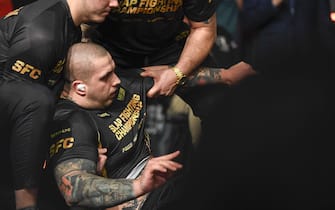 COLUMBUS, OHIO - MARCH 05:  Nikolas â€œPredatorâ€  Toth is knocked out by Maksymilian â€œMad Maxâ€  LeÅ›niak  during the Slap Fighting Championships at the Arnold Sports Festival in Columbus Convention Center on March 05, 2022 in Columbus, Ohio. (Photo by Gaelen Morse/Getty Images)