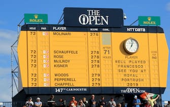 CARNOUSTIE, SCOTLAND - JULY 22:  Francesco Molinari of Italy names sits at the top of the giant  leaderboard The Claret Jug as Champion Golfer of the Year after the final round of the 147th Open Championship at Carnoustie Golf Club on July 22, 2018 in Carnoustie, Scotland.  (Photo by David Cannon/Getty Images)