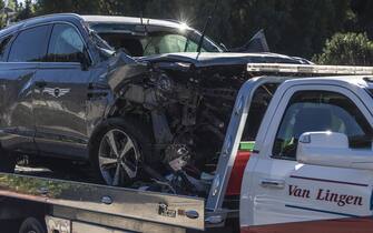 The Genesis GV80 suv on a flatbed tow truck Tiger Woods was involved in a wreck on Hawthorne Blvd. with.  
2/23/2021 Los Angeles, CA USA.
(Photo by Ted Soqui/Sipa USA)