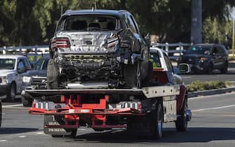 The Genesis GV80 suv on a flatbed tow truck Tiger Woods was involved in a wreck on Hawthorne Blvd. with.  
2/23/2021 Los Angeles, CA USA.
(Photo by Ted Soqui/Sipa USA)