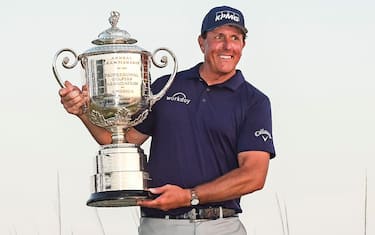 KIAWAH ISLAND, SC - MAY 23:  Phil Mickelson smiles with  the Wanamaker Trophy after his two stroke victory in the final round of the PGA Championship on The Ocean Course at Kiawah Island Golf Resort on May 23, 2021, in Kiawah Island, South Carolina. (Photo by Keyur Khamar/PGA TOUR via Getty Images)