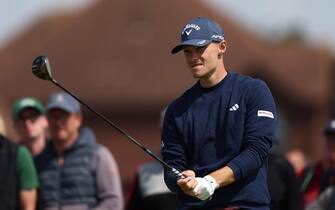 epa10758214 Nicolai Hojgaard of Denmark during round 1 of the British Open Golf Championship in Hoylake, Britain, 20 July 2023.  EPA/ADAM VAUGHAN