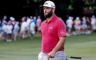 epa10824605 Jon Rahm of Spain reacts while walking of the seventh green during the final round of the 2023 Tour Championship golf tournament at the East Lake Golf Club in Atlanta, Georgia, USA, 27 August 2023. The tournament is the finale of the PGA Tour's FedExCup playoffs.  EPA/ERIK S. LESSER