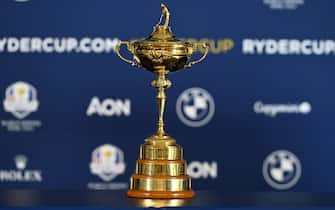 The Ryder Cup trophy is seen before the press conference of European Captain Luke Donald and United States Captain Zach Johnson at Rome Cavalieri, A Waldorf Astoria Hotel, in Rome, Italy, 04 October 2022. ANSA/ETTORE FERRARI