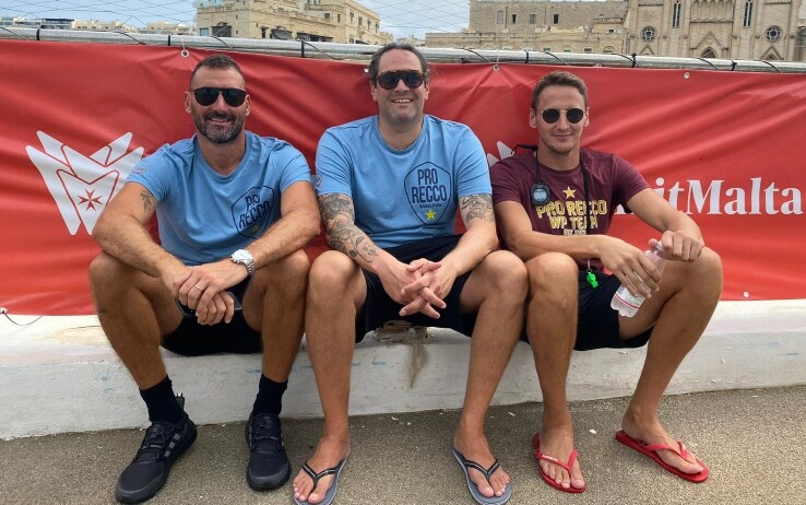 Il presidente della Pro Recco Maurizio Felugo, il vice allenatore Giacomo Pastorino e l'allenatore Sandro Sukno Il presidente della Pro Recco Maurizio Felugo, il vice allenatore Giacomo Pastorino e l'allenatore Sandro Sukno