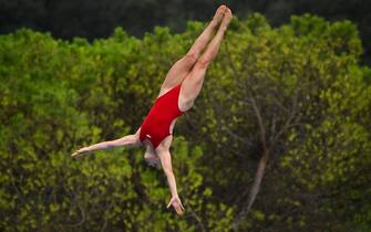 Denmark's Annika Billefeld Bornebusch competes in the Women's High Diving 20m round 2, on August 18, 2022 at the LEN European Aquatics Championships in Rome. (Photo by Alberto PIZZOLI / AFP) (Photo by ALBERTO PIZZOLI/AFP via Getty Images)