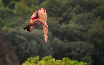 Germany's Anna Bader competes in the Women's High Diving 20m round 2, on August 18, 2022 at the LEN European Aquatics Championships in Rome. (Photo by Alberto PIZZOLI / AFP) (Photo by ALBERTO PIZZOLI/AFP via Getty Images)