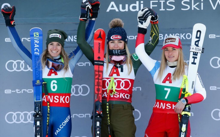 Il podio del SuperG di Bansko