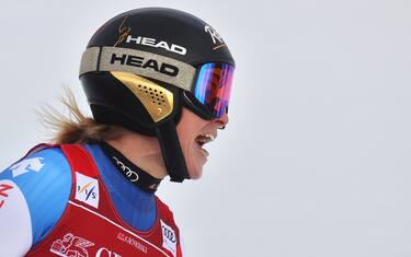 01 February 2021, Bavaria, Garmisch-Partenkirchen: Alpine skiing: World Cup, Super G, women: Lara Gut-Behrami of Switzerland reacts at the finish. Photo: Karl-Josef Hildenbrand/dpa