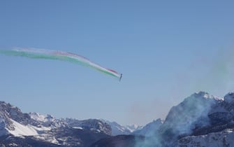 Frecce Tricolori Acrobatic air patrol during 2021 FIS Alpine World SKI Championships - Downhill - Men, alpine ski race in Cortina (BL), Italy, February 14 2021