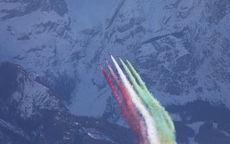 Frecce Tricolori Acrobatic air patrol during 2021 FIS Alpine World SKI Championships - Downhill - Men, alpine ski race in Cortina (BL), Italy, February 14 2021
