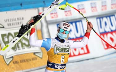 Winner Lara Gut-Behrami of Switzerland celebrates in the finish area after the Women's Downhill race at the FIS Alpine Skiing World Cup in Val di Fassa, Italy, 26 February 2021. ANSA/ANDREA SOLERO